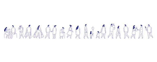 Background stylized people silhouette line vector set isolated on white. People crowd. Men and women, kids walking outdoor. Contour, drawing, people, character