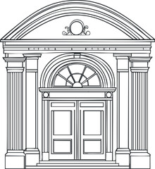 Black and white line drawing of a classic double door entrance with columns and arched window above.