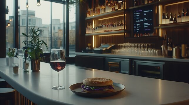 Burger and wine at upscale restaurant bar luxurious dining gourmet meal with red wine and trendy food lifestyle food photography for digital menu and bar interior with modern design