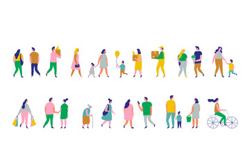 Background stylized people silhouette flat vector set isolated on white. People crowd. Men and women, kids walking outdoor