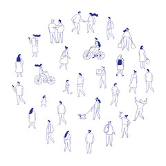 Minimalist line art vector of faceless people silhouettes. Men, women, and kids walking outdoors. Black and white contour illustration of urban crowd and pedestrian lifestyle.