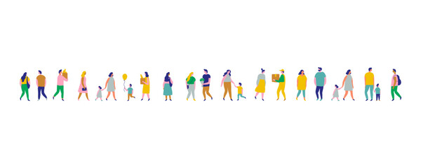 Wide banner flat vector of walking people crowd. Colorful stylized men, women, and kids in minimal urban style, isolated on white. Ideal for website headers, posters, or editorial layouts