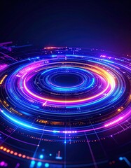 Obraz premium A vibrant abstract technology background featuring luminous glowing circles and dynamic neon lights, creating a futuristic and energetic atmosphere.