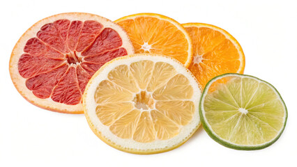 Overhead view of mixed citrus slices&mdash;grapefruit, lemon, lime, orange&mdash;on white for clean, fresh design use.