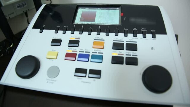 The doctor performs tinnitus measurements and monitoring of ototoxicity. Audiologist doing hearing exam the patients using audiometer in special audio room , close-up 

