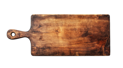 A rustic wooden cutting board with a smooth surface and unique grain patterns. placed on a clean background. ideal for culinary photography or kitchen decor