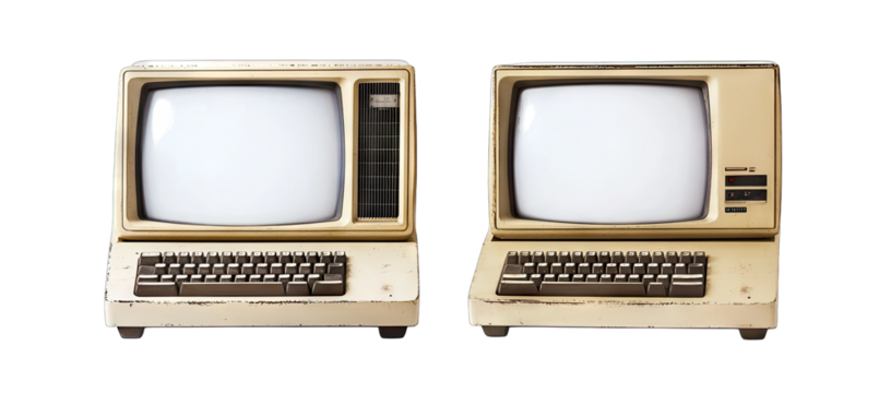 Vintage computers from the 1980s showcasing retro design. placed on a clean surface. with a blurred background hinting at a nostalgic tech-themed environment