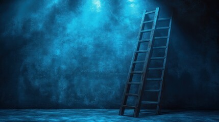 Two wooden ladders lean against a smoky, blue-lit wall.