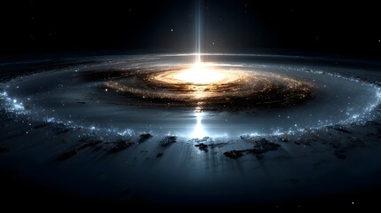 A stunning cosmic view of a spiral galaxy with bright central core emitting radiant light beams across the vast expanse of space