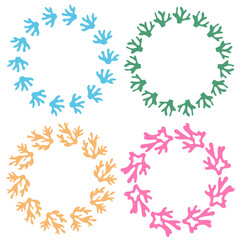 Set of coral round frames in pink, green, blue, orange colors.