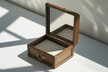 Elegant wooden jewelry box with a mirror design. Perfect for storing precious items. A blend of functionality and aesthetics is captured in this piece. Generative AI.