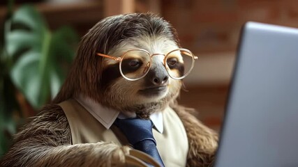 Funny sloth wearing glasses and tie working on a laptop in office setting with plant and brick wall background