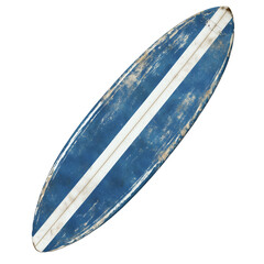 Worn Blue Surfboard with White Stripes isolated on transparent background.