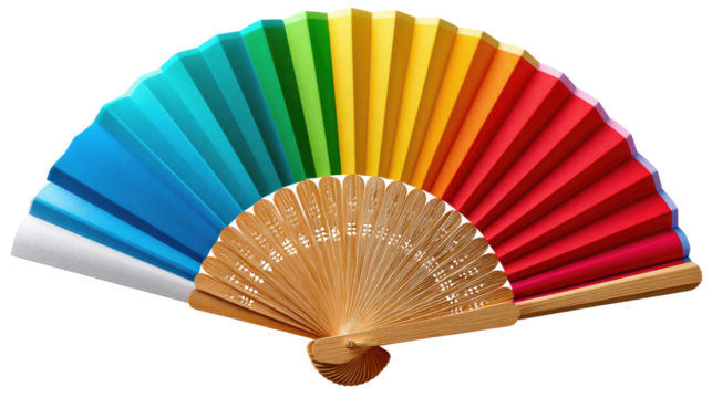 Rainbow Hand Fan: A vibrant hand fan displaying a spectrum of colors, from cool blues and greens to warm yellows and reds. The wooden frame adds a touch of natural elegance.