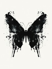 Abstract butterfly from chaotic black ink drips mirrored in symmetry