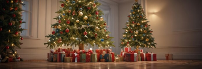 Magnificent decorated tree, presents cascade around base ,  noel,  shine,  lights