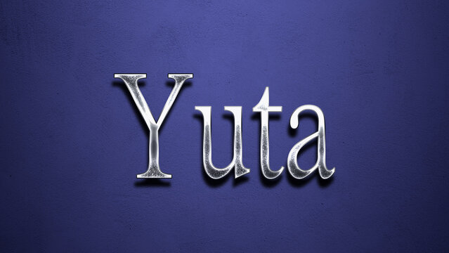 3D Chrome name design of Japanese name Yuta on blue Background.	
