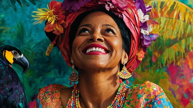 Colorful celebration: joyful woman with bright tropical birds in vivid forest setting