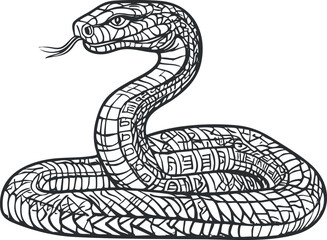 Black and white vector illustration of a coiled snake with detailed scales and forked tongue