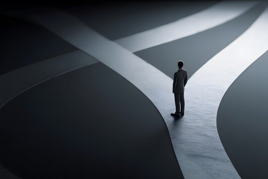 A solitary figure in a suit stands at the convergence of two diverging paths, symbolizing decision-making and the uncertainty of choosing between different life directions.