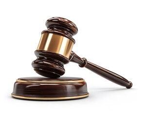 Fototapeta premium A polished wooden gavel with a golden band resting on a matching sounding block, symbolizing justice and authority in legal proceedings.