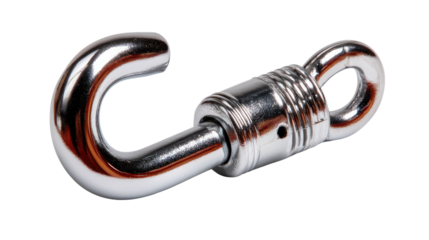 Metal Swivel Hook: A shiny metal swivel hook isolated, ready for use, its industrial design hinting at strength and reliability.