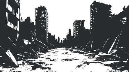 Black and white illustration of an apocalyptic ruined city street with collapsed buildings and debris © vadymstock