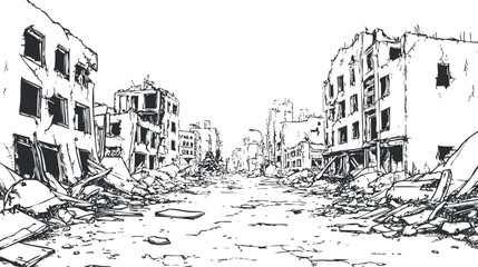Black and white sketch of a destroyed city street with ruined buildings and debris after war or disaster
