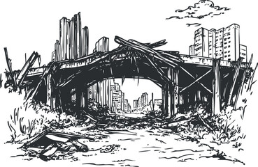 Black and white sketch of a destroyed urban bridge with rubble and ruined buildings in the background