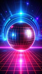 Fototapeta premium A shimmering disco ball reflects vibrant neon lights in a dark room, surrounded by twinkling stars, creating a lively and festive atmosphere.