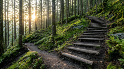 Fototapeta premium Sunlit forest trail stairs uphill, mossy hillside, peaceful background, nature hike imagery