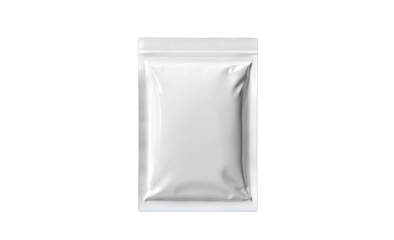 A plain. sealed white packaging pouch isolated on a clean background. ideal for showcasing product packaging design. branding. or for use in e-commerce and marketing materials
