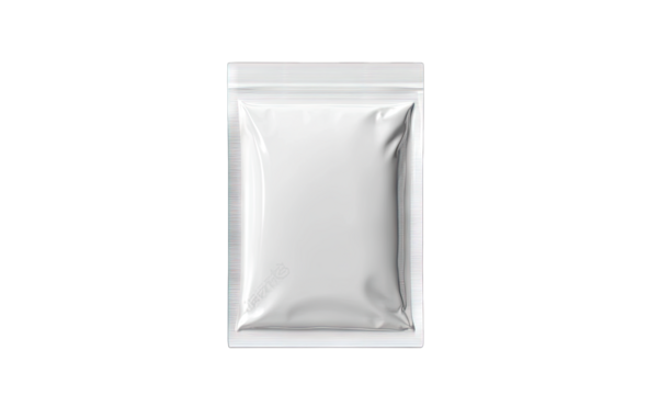 A plain. sealed white packaging pouch isolated on a clean background. ideal for showcasing product packaging design. branding. or for use in e-commerce and marketing materials