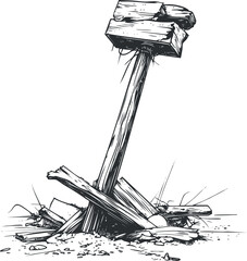 Obraz premium Black and white hand drawn illustration of a broken wooden hammer with splintered pieces scattered around