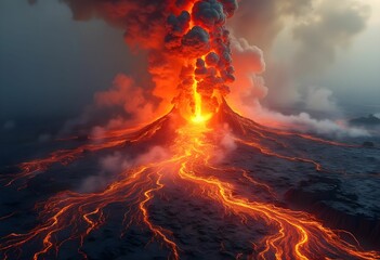 Volcano Eruption Spewing Lava and Ash