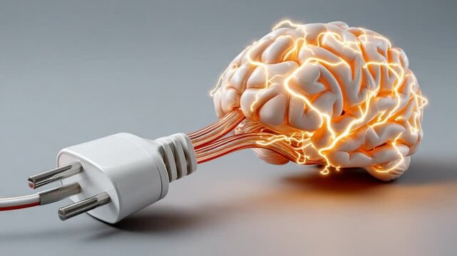 Brain Power Unleashed: An electrifying visual metaphor of the human brain connected to a power plug, illustrating ideas, innovation, and the potential of human intelligence