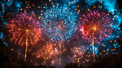 Fototapeta premium Colorful Fireworks Explode in Night Sky