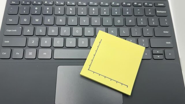 Hand shows stock market crash symbol with downward arrow on sticky notes, placed over a keyboard, illustrating financial crisis and economic downturn concept visually