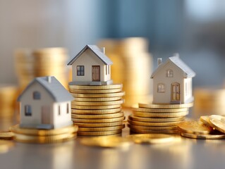 Miniature houses perched atop stacks of golden coins symbolizing the intersection of real estate investment, property value, and financial growth in the housing market.