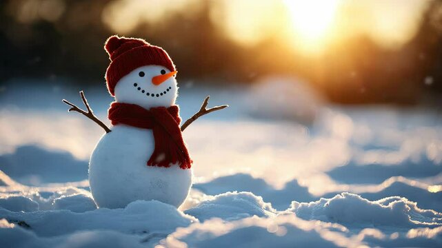 Charlie the snowman smiles warmly against the winter sunset in a snowy landscape.