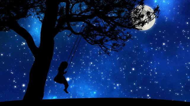 Animated graphic of a girl on a swing hanging from a tree, silhouetted against a magical night sky filled with stars and a glowing full moon - evoking wonder, dreams, and cosmic imagination, 4k.