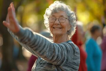 Elderly individuals engage in muscle strengthening activities like stretching, yoga, and Pilates in the park, fostering a sense of community and promoting physical well being among retired men and wom