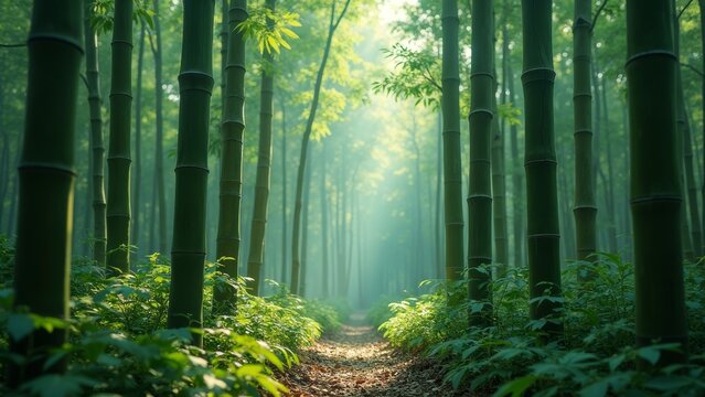 Sunshine falls on the forest path