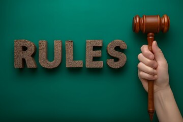 A hand holding a wooden gavel next to the word RULES spelled out in large, brown, three-dimensional letters against a solid green background.