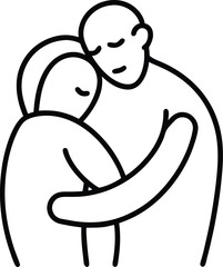 Two people embracing warmly illustrated in smooth continuous line art drawing style symbolizing human connection emotional bonding and minimalist romantic designs