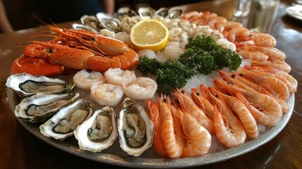 Seafood platter with oysters, prawns, and lobster