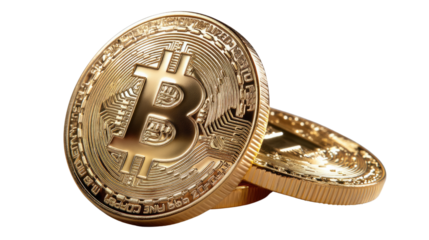 Bitcoin Gold Coins: Two shiny gold Bitcoin coins, a symbol of digital currency and financial innovation, rest on a neutral background. The symbol 'B' representing Bitcoin is visible.