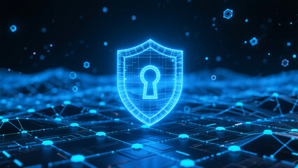 Futuristic Cyber Security Shield Icon on a Tech Network