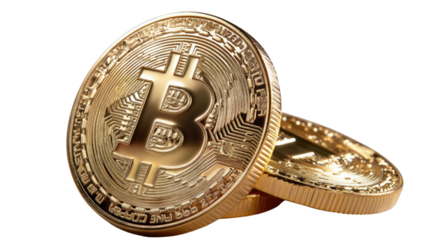 Bitcoin Gold Coins: Two shiny gold Bitcoin coins, a symbol of digital currency and financial innovation, rest on a neutral background. The symbol 'B' representing Bitcoin is visible.