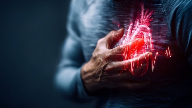 A person clutching their chest with a glowing heart and ECG waveform overlay, symbolizing cardiovascular health issues or heart disease awareness. - Powered by Adobe